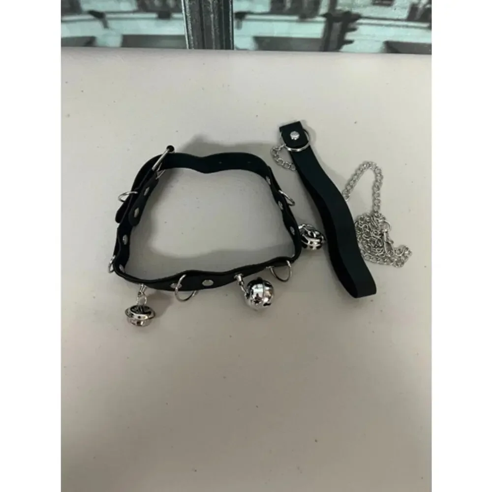 Punk Goth Black PU Leather Choker Collar with Bells and Leash Set